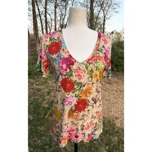 Johnny Was LACE GARDEN FAVORITE V-NECK TEE TOP Blouse T Shirt Floral Horses XS